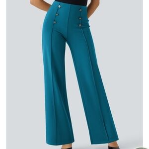 HALARA Teal Button-Detail Wide-Leg Pants